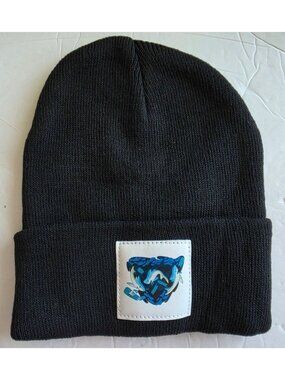 Black Knit Beanie Hat Shark Patch Cuffed Winter Cap Unisex One Size NWT
